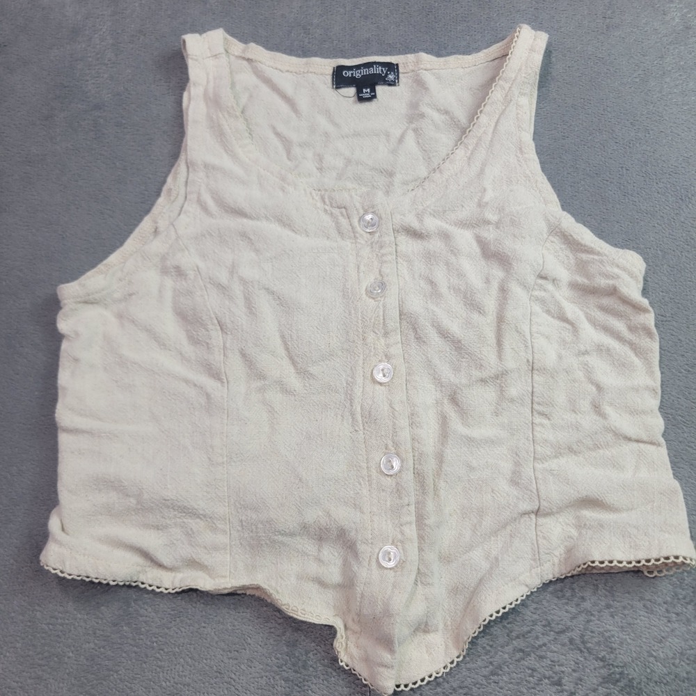 Originality Womens M Beige Linen Blend Button Front Smocked Back‎ Crop Tank Top